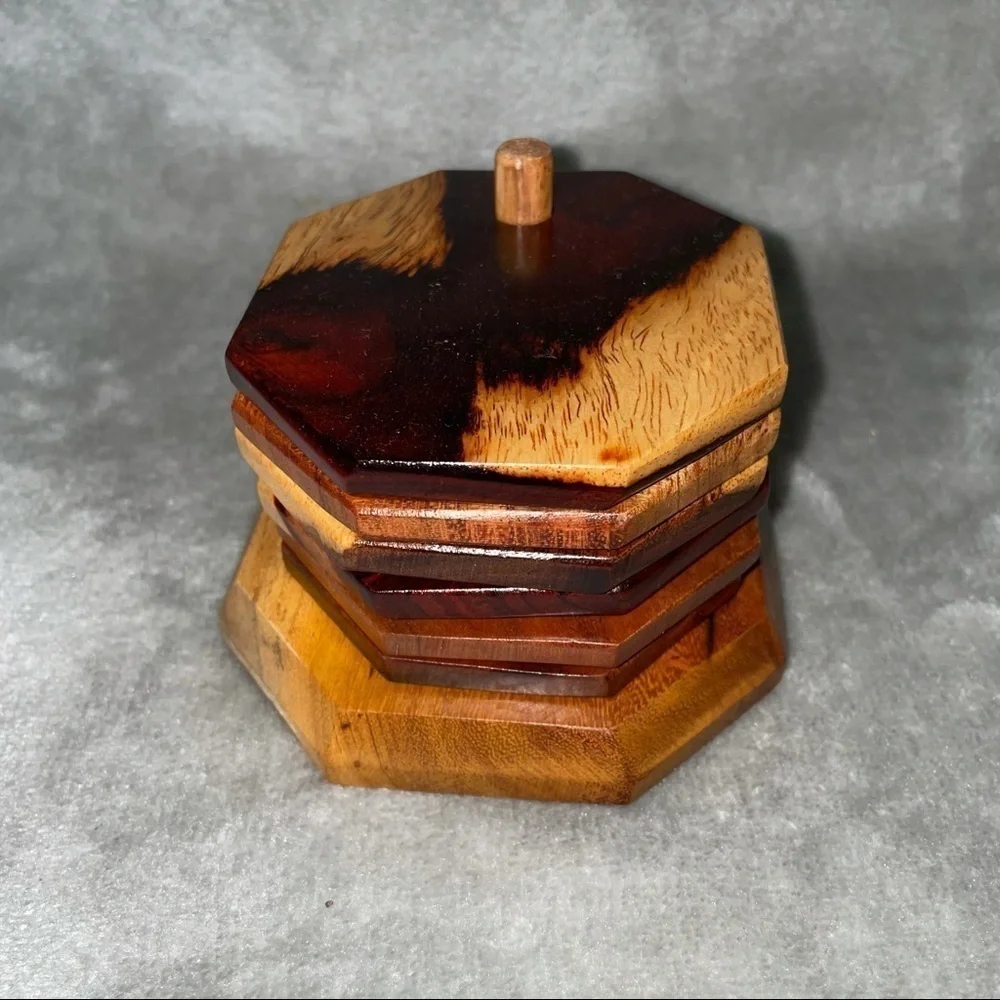 Handmade Wood Octagon Coasters Set of 6 with Holder Geometric Home Decor